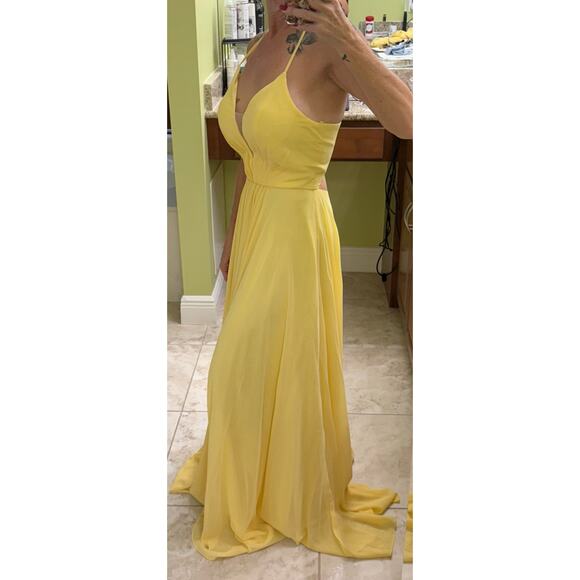 Abby Paris formal Gown 8 Butter Cup yellow Illusion plunging open back NWT $338 - Picture 10 of 15